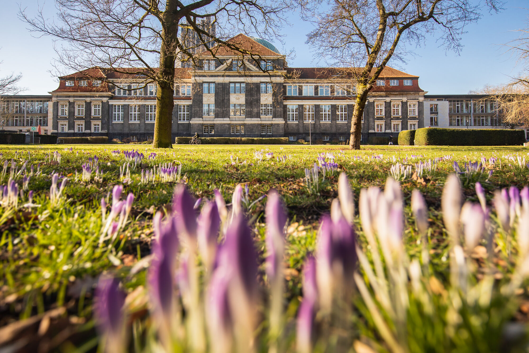 The main University building during spring time.