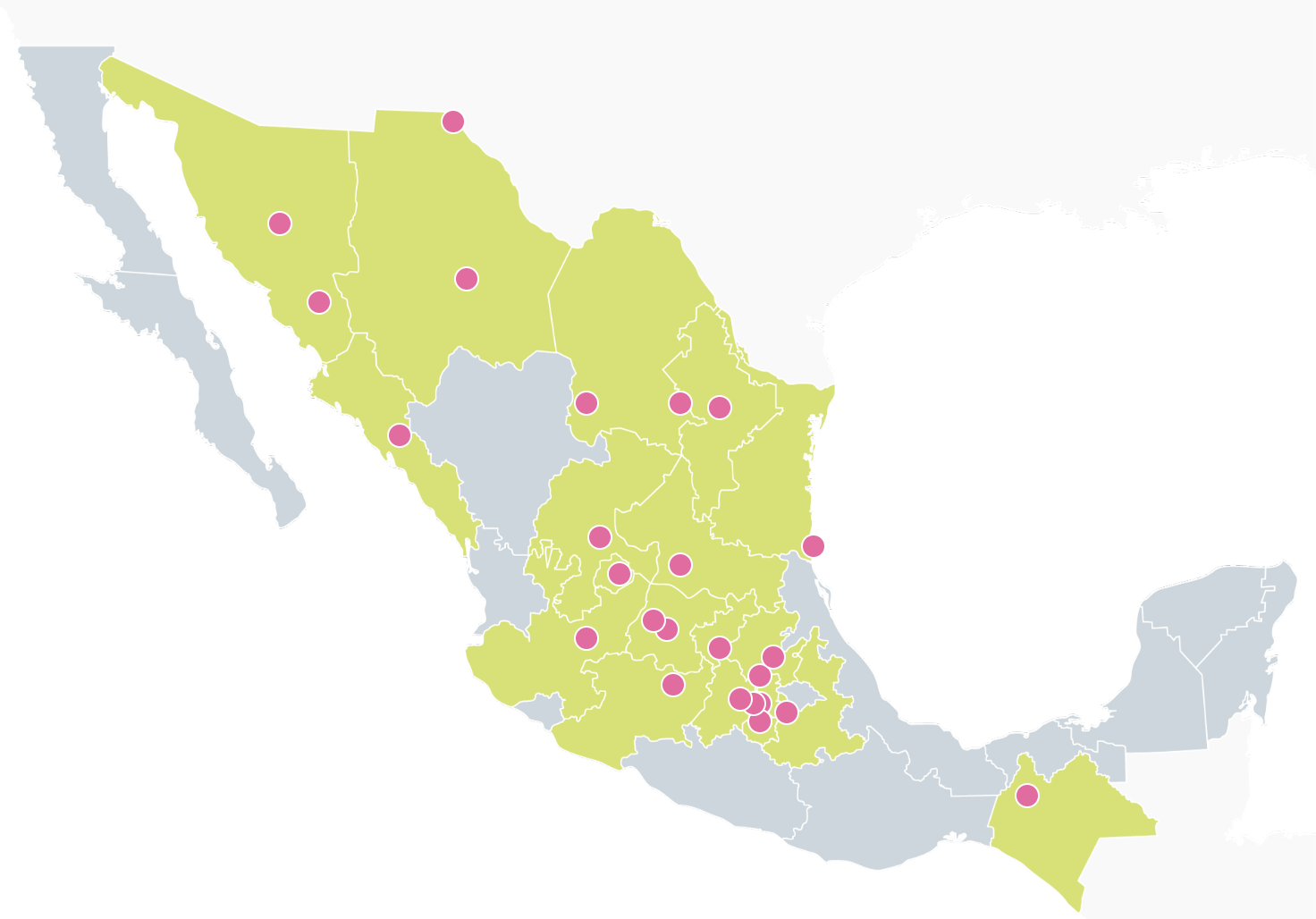 A map of mexico with the approximate location of the Tec de Monterrey Campuses.
